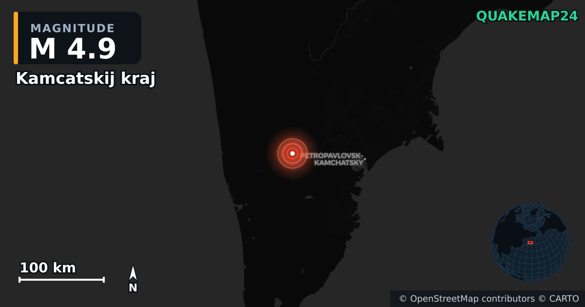 M4.9 earthquake near Kamcatskij kraj on Jul 21, 2025 — map of epicenter and shaking intensity | QuakeMap24