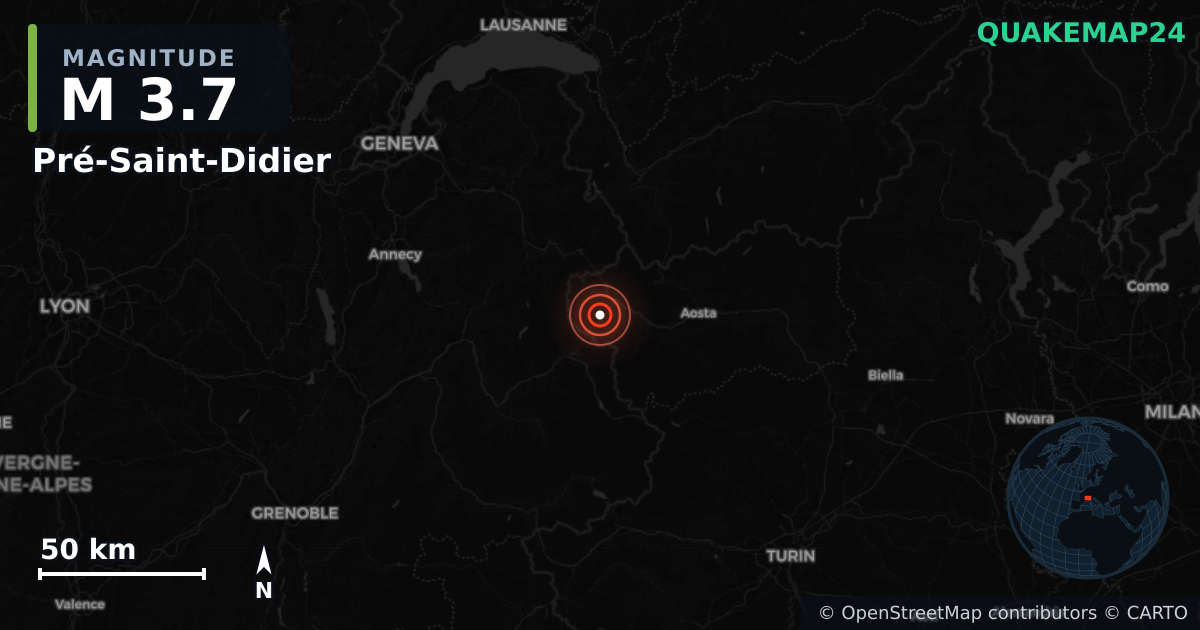 M3.7 earthquake near Pré-Saint-Didier on Jan 12, 2026 — map of epicenter and shaking intensity | QuakeMap24