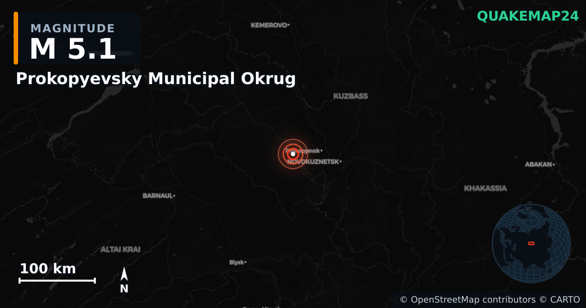 Sismo de M5,1 perto de Prokopyevsky Municipal Okrug, Kemerovo Oblast–Kuzbass (Rússia) · 2026-10-10 — Mapa da localização do epicentro