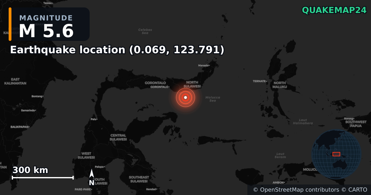 M5.6 earthquake near Earthquake location (0.069, 123.791) on Apr 17, 2026 — map of epicenter and shaking intensity | QuakeMap24