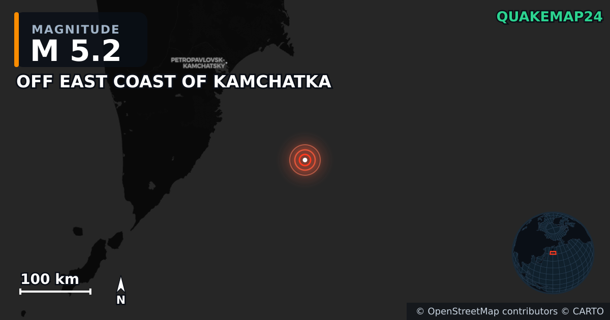 M5.2 earthquake near OFF EAST COAST OF KAMCHATKA on Aug 23, 2025 — map of epicenter and shaking intensity | QuakeMap24