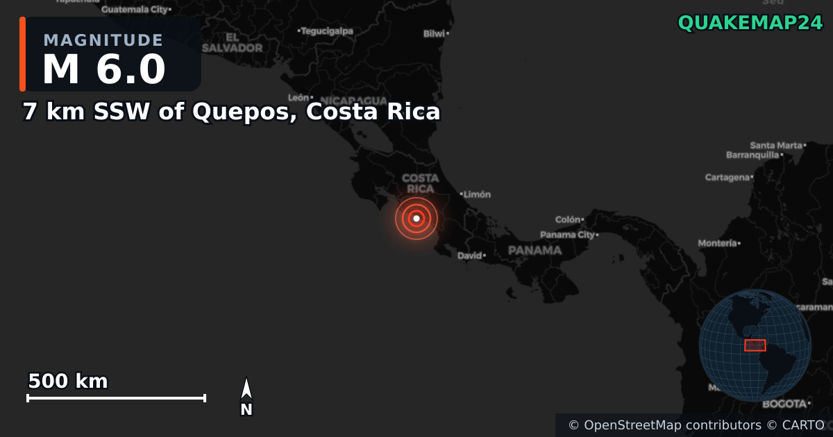 M6.0 earthquake near 7 km SSW of Quepos, Costa Rica on Oct 22, 2025 — map of epicenter and shaking intensity | QuakeMap24