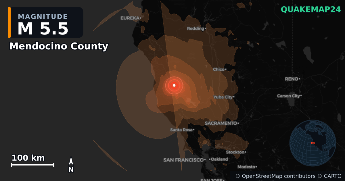M5.5 earthquake near Mendocino County on Jun 24, 2026 — map of epicenter and shaking intensity | QuakeMap24