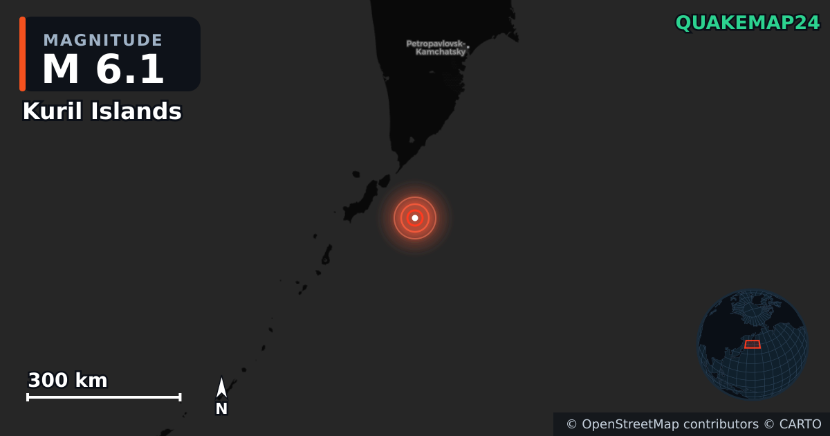 M6.1 earthquake near Kuril Islands on Jun 7, 2026 — map of epicenter and shaking intensity | QuakeMap24