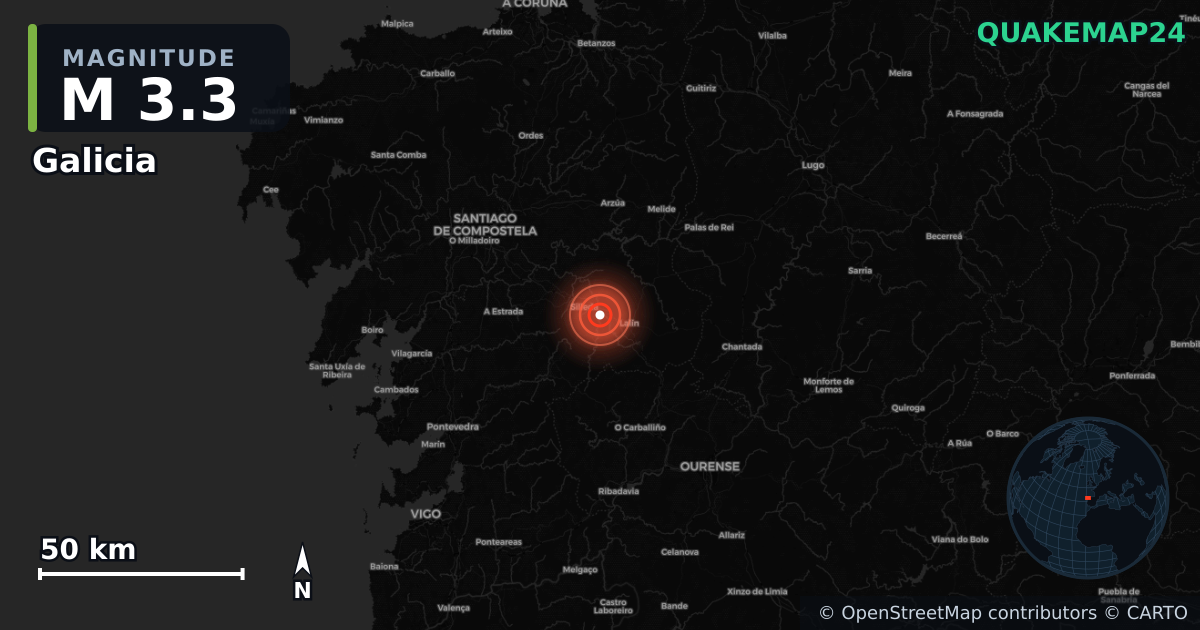 M3.3 earthquake near Galicia on Nov 8, 2025 — map of epicenter and shaking intensity | QuakeMap24