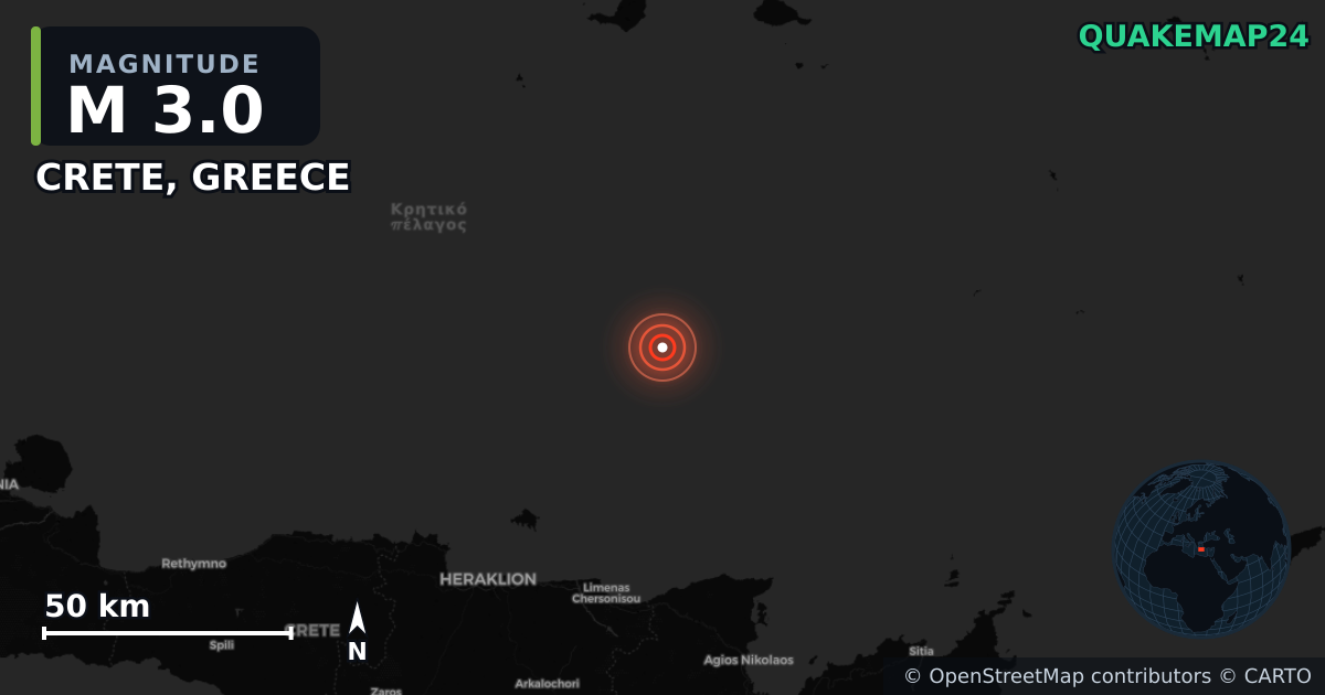 M3.0 earthquake near CRETE, GREECE on Sep 22, 2025 — map of epicenter and shaking intensity | QuakeMap24