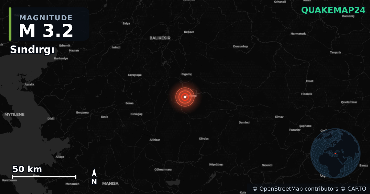 M3.2 earthquake near Sındırgı on Aug 30, 2025 — map of epicenter and shaking intensity | QuakeMap24
