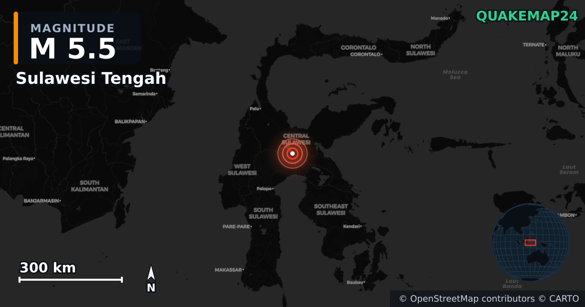 M5.5 earthquake near Sulawesi Tengah on Jul 24, 2025 — map of epicenter and shaking intensity | QuakeMap24
