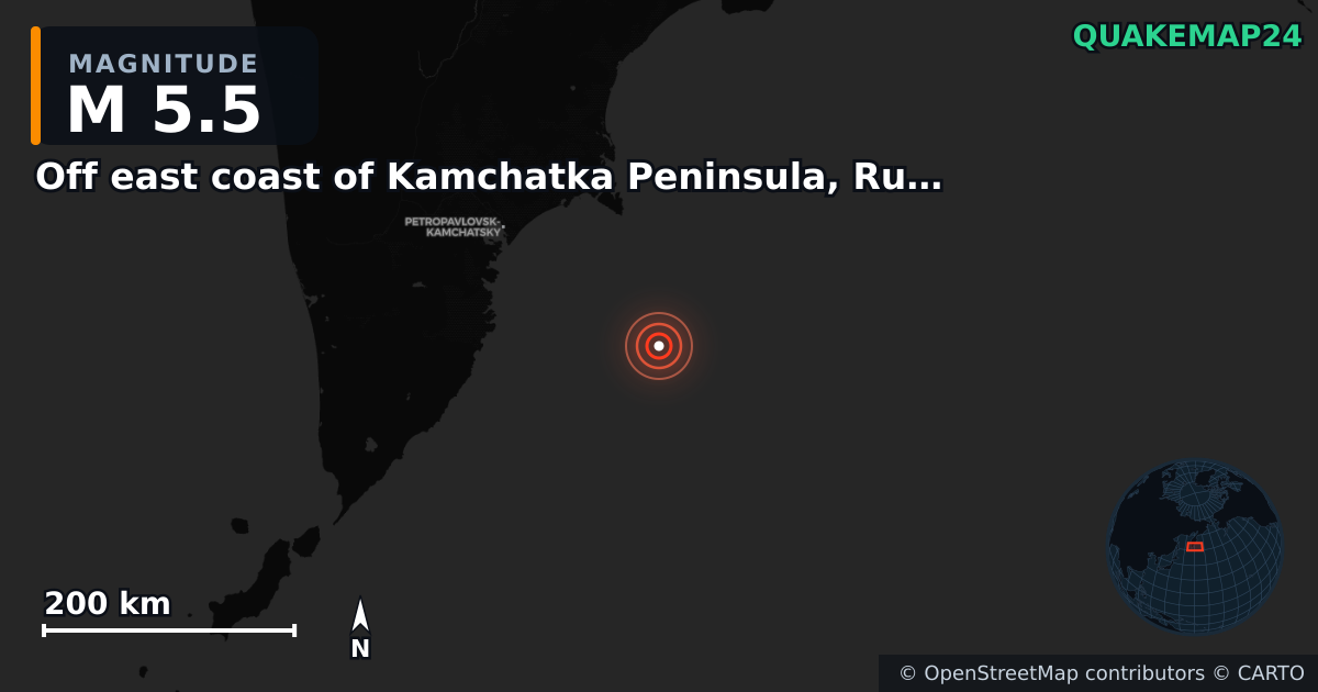 M5.5 earthquake near Off east coast of Kamchatka Peninsula, Russia [Sea: Russia] on Nov 7, 2025 — map of epicenter and shaking intensity | QuakeMap24