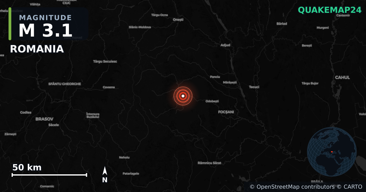 M3.1 earthquake near ROMANIA on May 2, 2026 — map of epicenter and shaking intensity | QuakeMap24