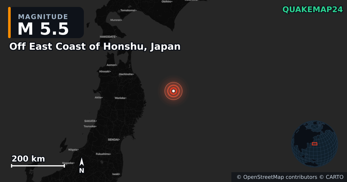 Sismo de M5,5 perto de Off East Coast of Honshu, Japan — Mapa da localização do epicentro