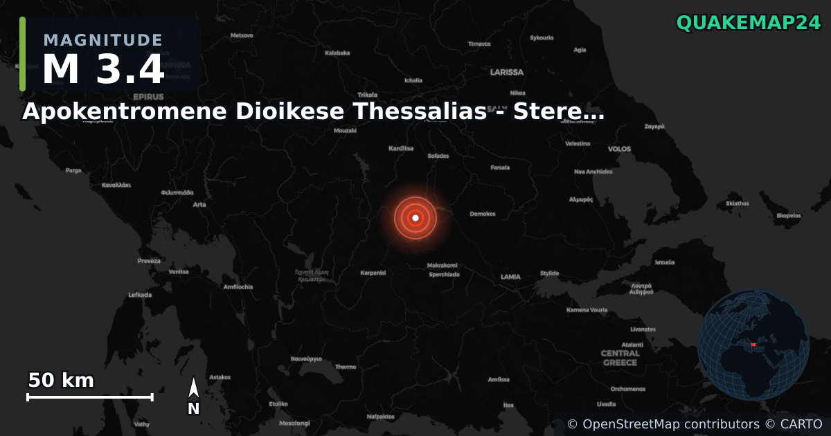 M3.4 earthquake near Apokentromene Dioikese Thessalias - Stereas Ellados on Jul 17, 2025 — map of epicenter and shaking intensity | QuakeMap24