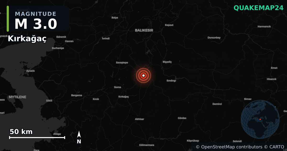 M3.0 earthquake near Kırkağaç on Aug 26, 2025 — map of epicenter and shaking intensity | QuakeMap24