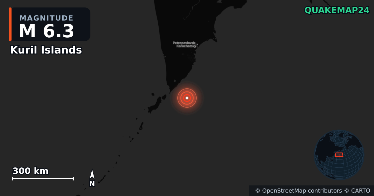 M6.3 earthquake near Kuril Islands on Jul 30, 2025 — map of epicenter and shaking intensity | QuakeMap24