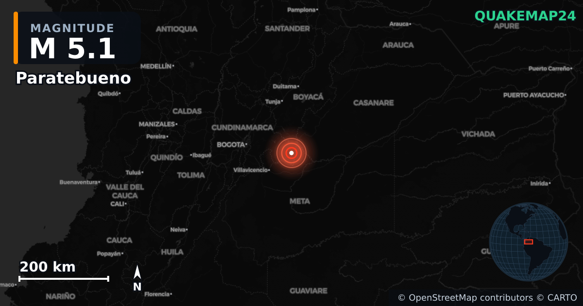 M5.1 earthquake near Paratebueno on Jun 8, 2025 — map of epicenter and shaking intensity | QuakeMap24