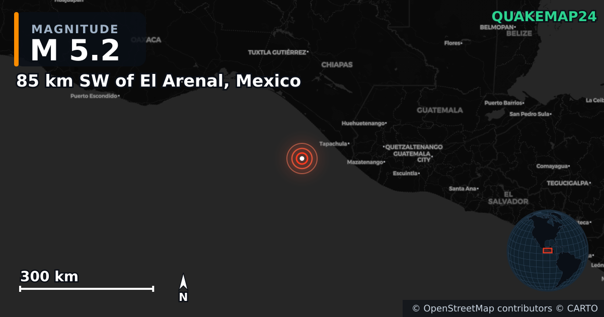 Erdbeben M5,2 bei 85 km SW of El Arenal, Mexico — Karte der Lage des Epizentrums