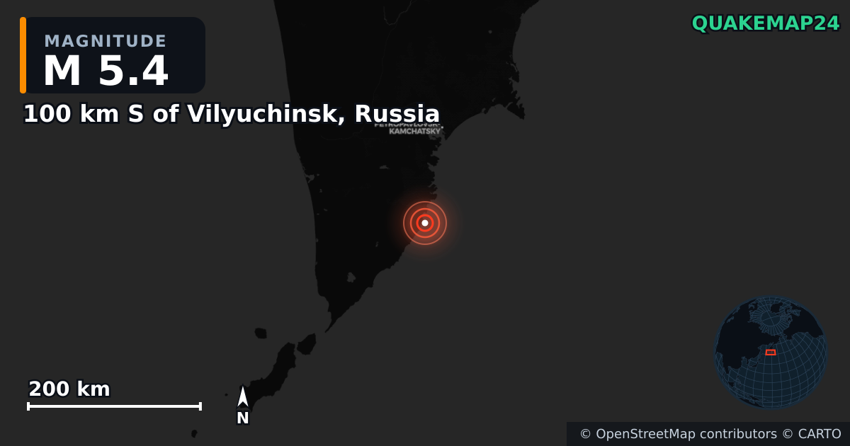 M5.4 earthquake near 100 km S of Vilyuchinsk, Russia on Aug 1, 2025 — map of epicenter and shaking intensity | QuakeMap24