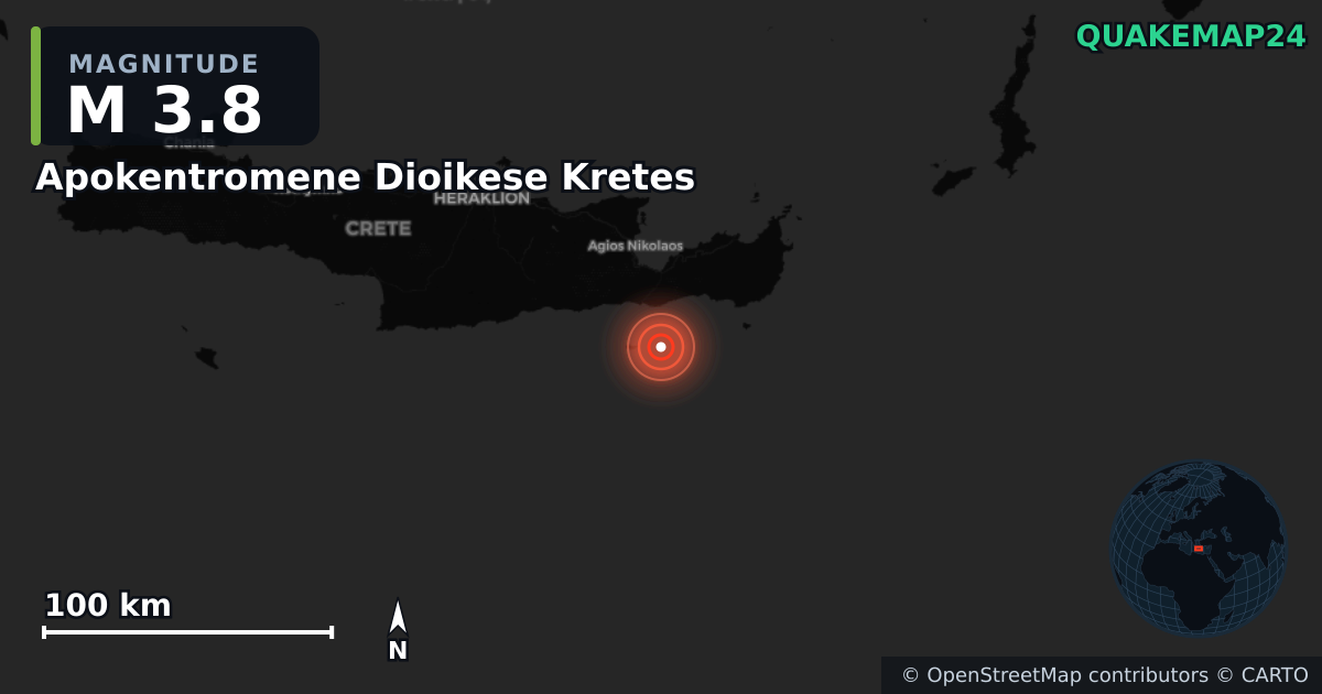 M3.8 earthquake near Apokentromene Dioikese Kretes on Nov 7, 2025 — map of epicenter and shaking intensity | QuakeMap24