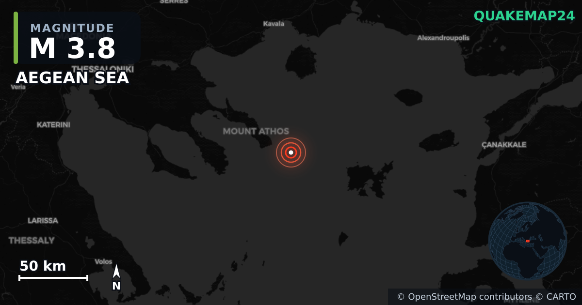 M3.8 earthquake near AEGEAN SEA on Jun 19, 2025 — map of epicenter and shaking intensity | QuakeMap24