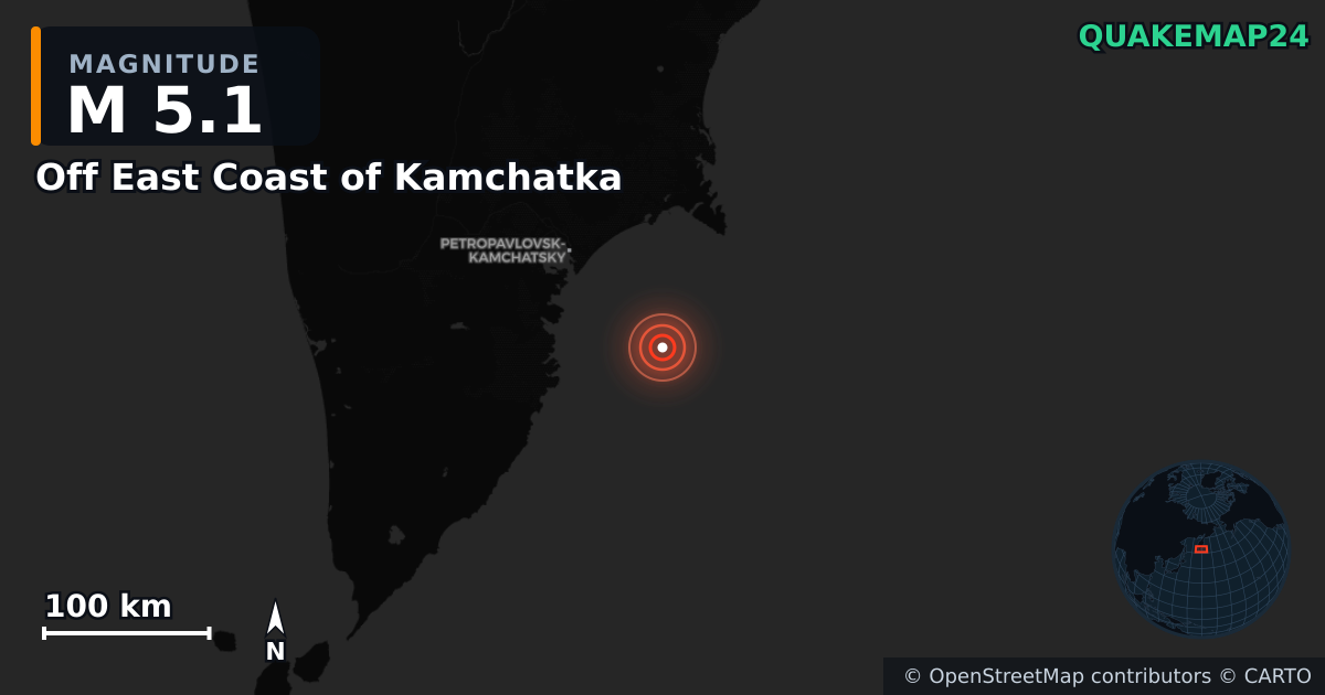 M5.1 earthquake near Off East Coast of Kamchatka on Nov 3, 2025 — map of epicenter and shaking intensity | QuakeMap24