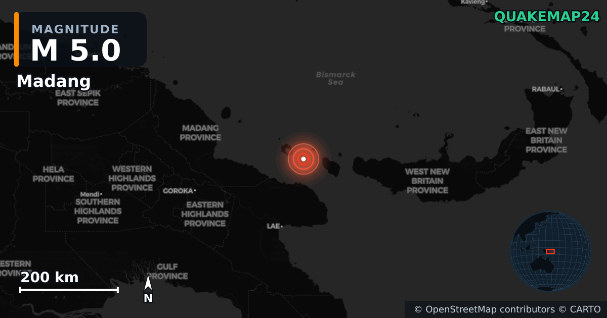 M5.0 earthquake near Madang on Dec 23, 2025 — map of epicenter and shaking intensity | QuakeMap24
