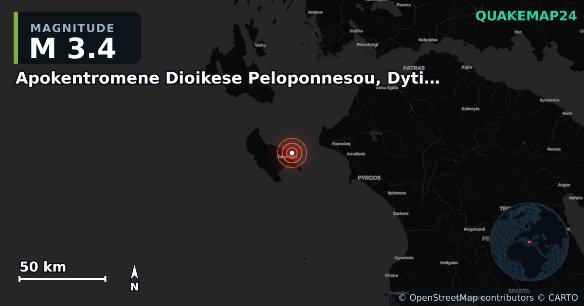 M3.4 earthquake near Apokentromene Dioikese Peloponnesou, Dytikes Elladas kai Ioniou on Jun 17, 2025 — map of epicenter and shaking intensity | QuakeMap24