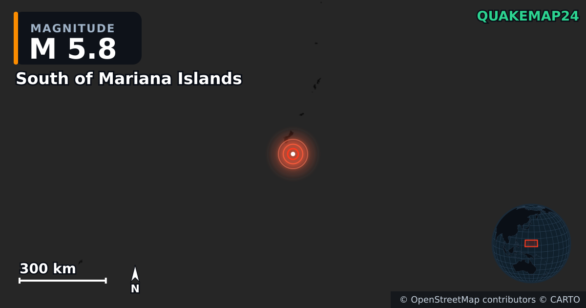 M5.8 earthquake near South of Mariana Islands on May 28, 2025 — map of epicenter and shaking intensity | QuakeMap24
