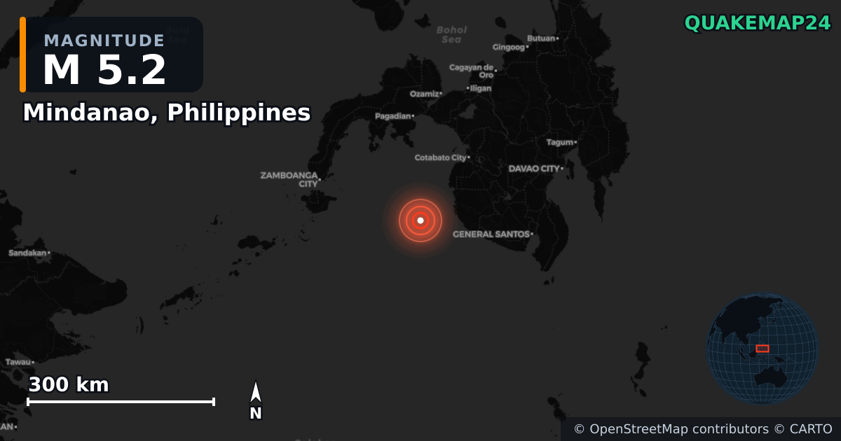 M5.2 earthquake near Mindanao, Philippines on Jan 19, 2026 — map of epicenter and shaking intensity | QuakeMap24