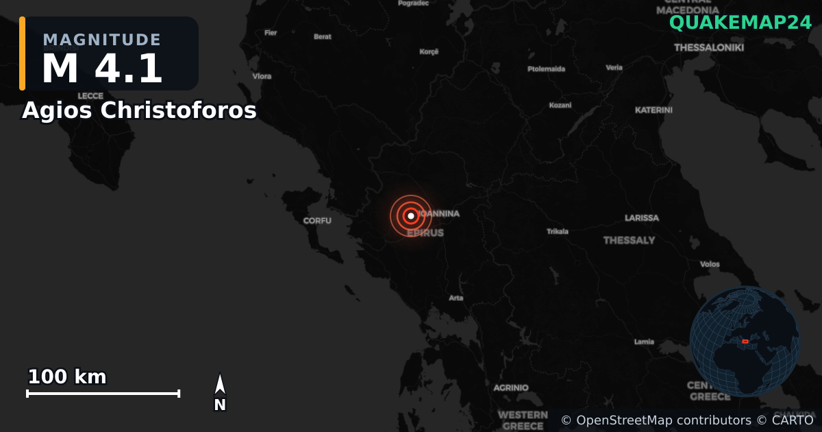 M4.1 earthquake near Agios Christoforos on Jun 20, 2026 — map of epicenter and shaking intensity | QuakeMap24