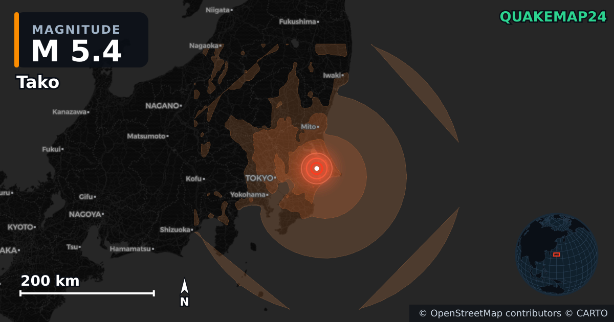 M5.4 earthquake near Tako on Jun 26, 2026 — map of epicenter and shaking intensity | QuakeMap24