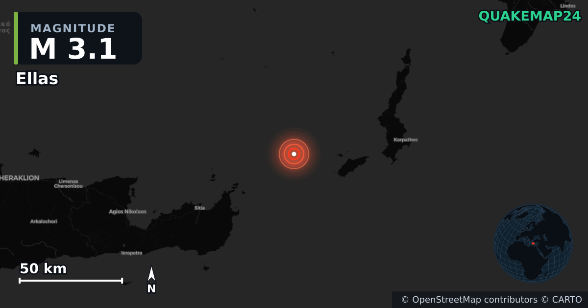 M3.1 earthquake near Ellas on May 30, 2026 — map of epicenter and shaking intensity | QuakeMap24