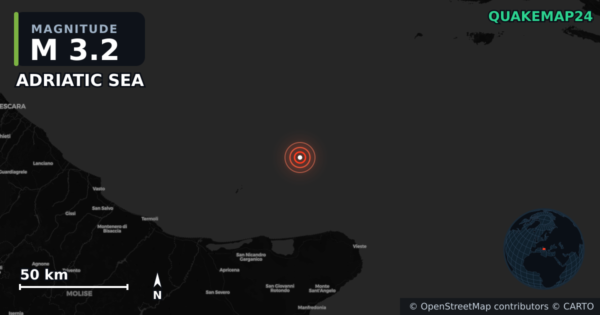 M3.2 earthquake near ADRIATIC SEA on Dec 30, 2025 — map of epicenter and shaking intensity | QuakeMap24