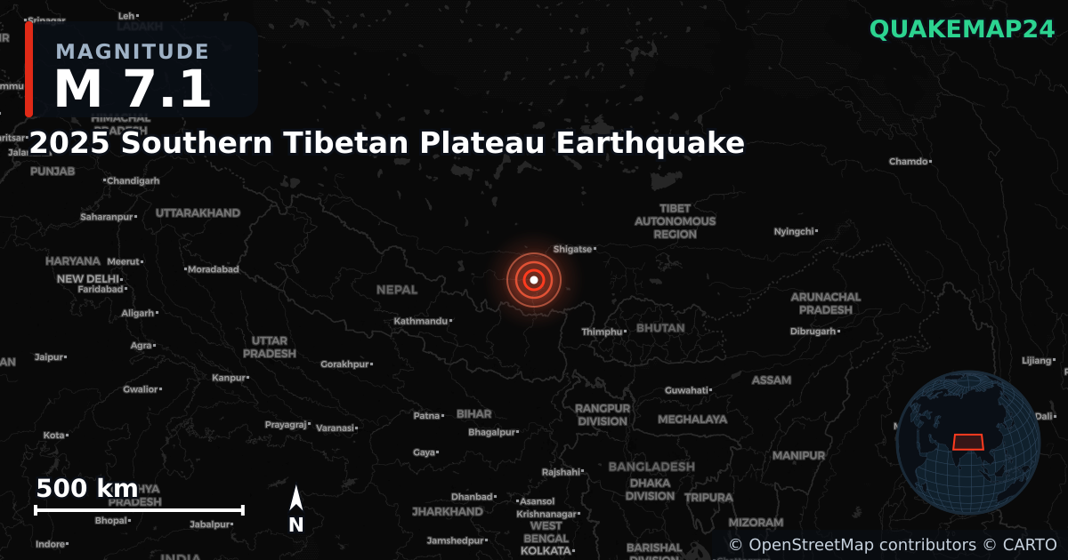 M7.1 earthquake near 2025 Southern Tibetan Plateau Earthquake on Jan 7, 2025 — map of epicenter and shaking intensity | QuakeMap24