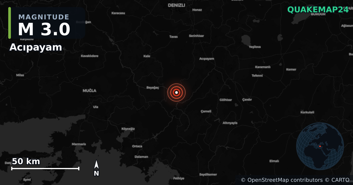 M3.0 earthquake near Acıpayam on Jul 22, 2026 — map of epicenter and shaking intensity | QuakeMap24
