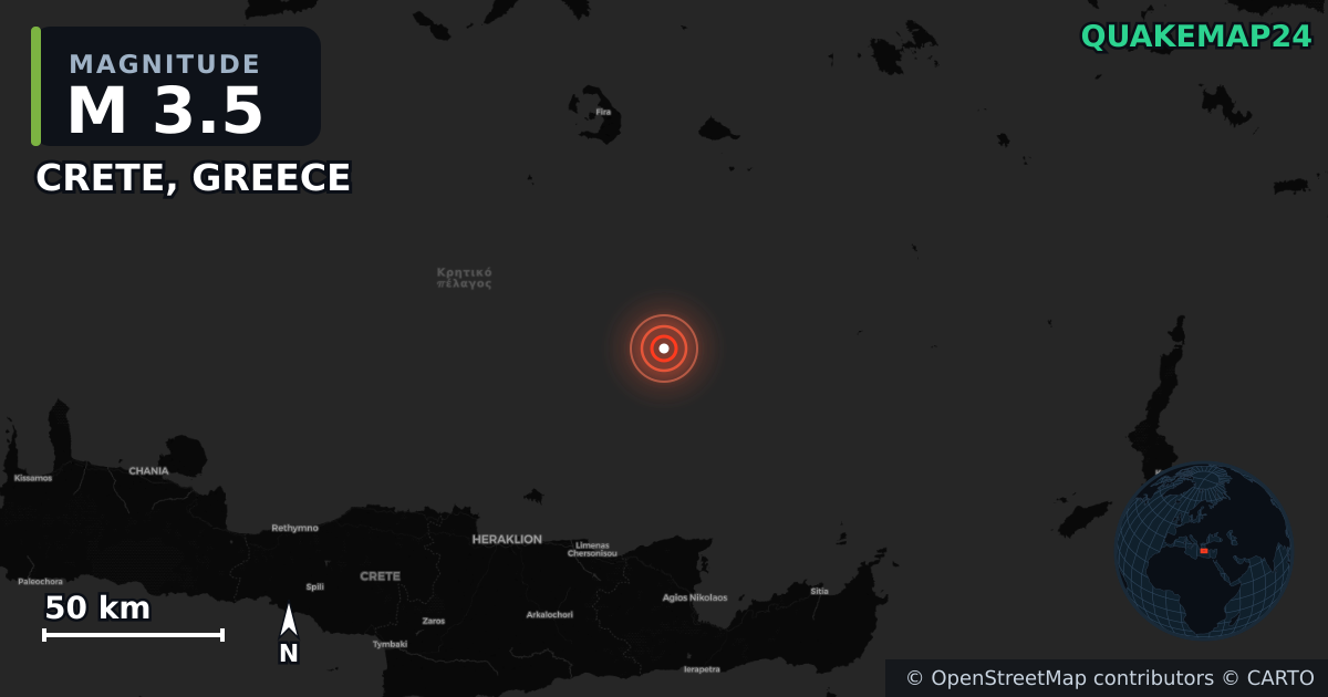 M3.5 earthquake near CRETE, GREECE on Oct 13, 2025 — map of epicenter and shaking intensity | QuakeMap24