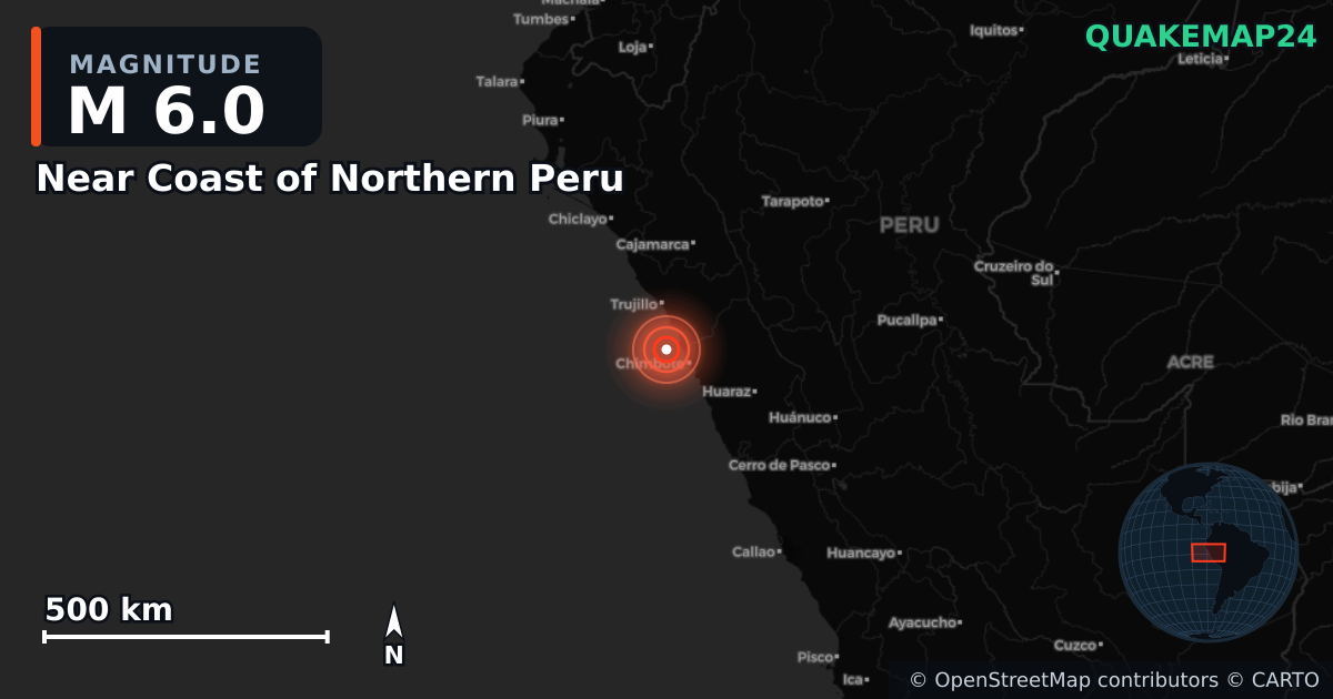M6.0 earthquake near Near Coast of Northern Peru on Dec 28, 2025 — map of epicenter and shaking intensity | QuakeMap24