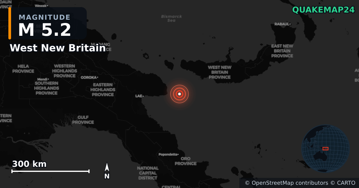 M5.2 earthquake near West New Britain on Oct 23, 2025 — map of epicenter and shaking intensity | QuakeMap24