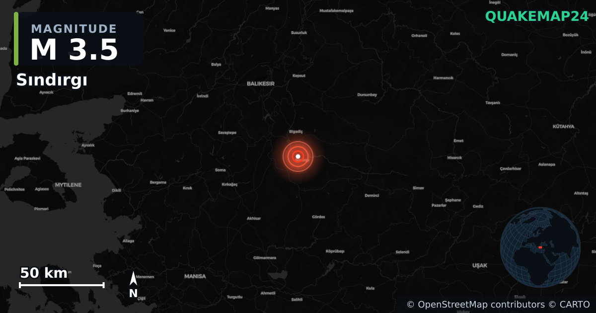 M3.5 earthquake near Sındırgı on Aug 18, 2025 — map of epicenter and shaking intensity | QuakeMap24