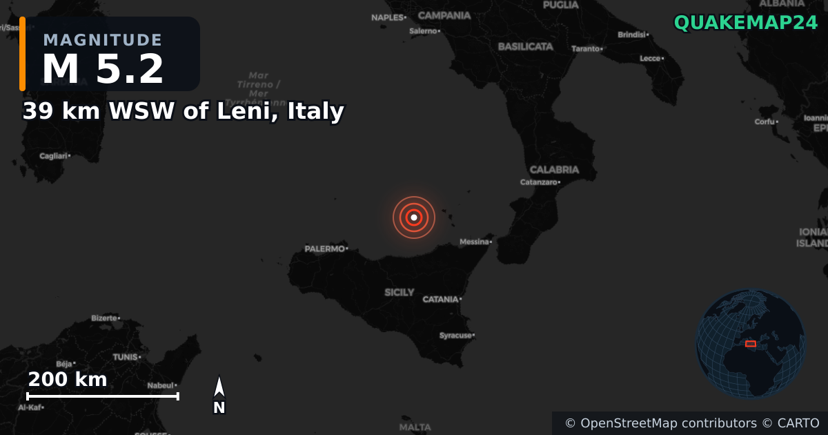 M5.2 earthquake near 39 km WSW of Leni, Italy on Feb 7, 2025 — map of epicenter and shaking intensity | QuakeMap24