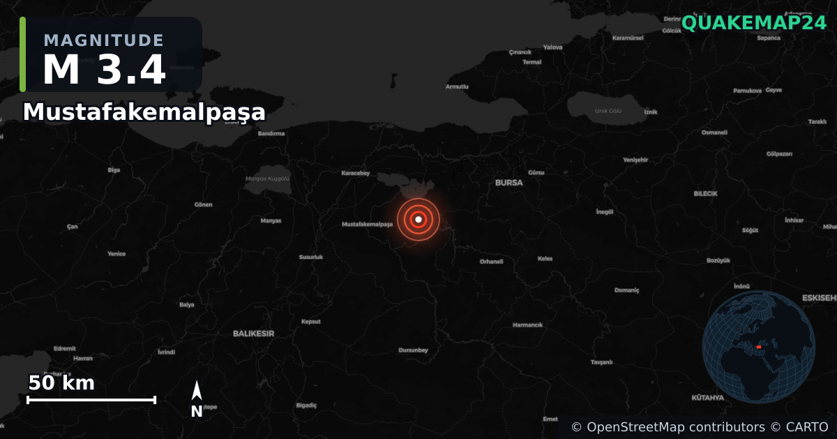 M3.4 earthquake near Mustafakemalpaşa on Aug 15, 2026 — map of epicenter and shaking intensity | QuakeMap24
