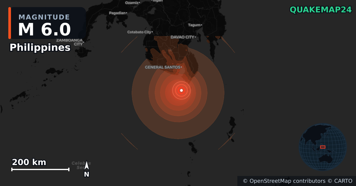 M6.0 earthquake near Philippines on Jun 26, 2026 — map of epicenter and shaking intensity | QuakeMap24