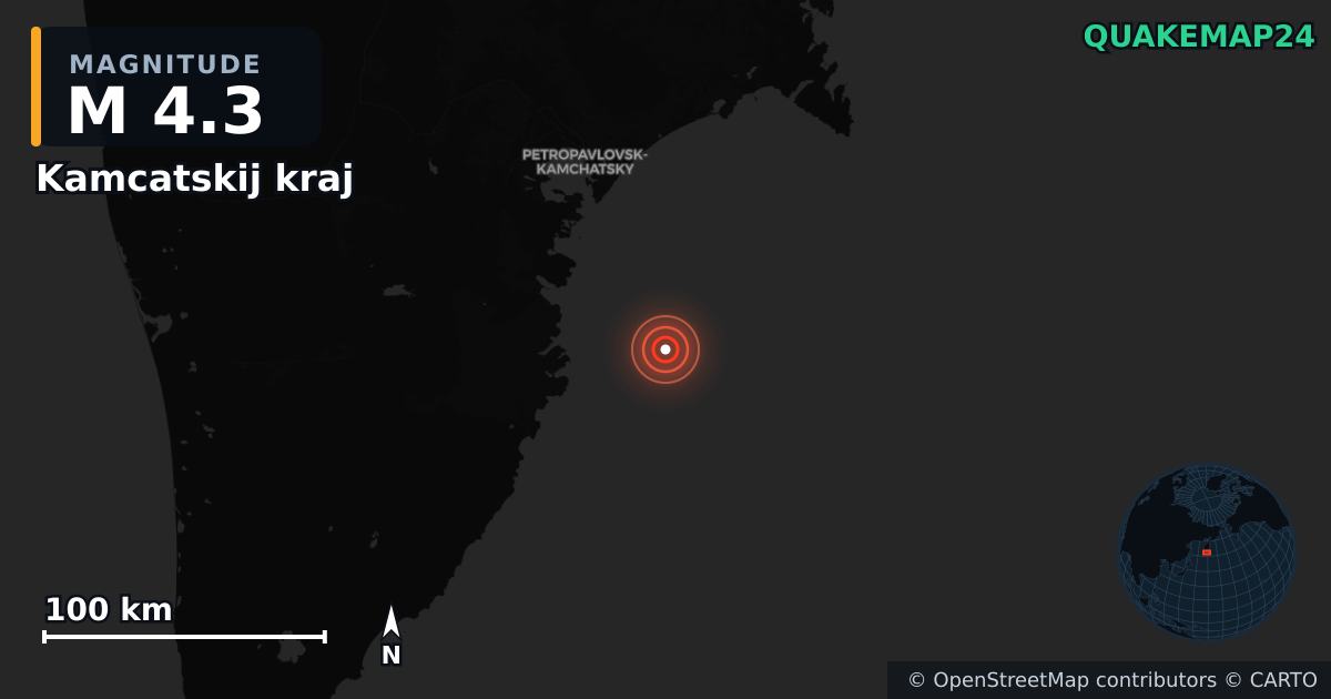 M4.3 earthquake near Kamcatskij kraj on Aug 10, 2025 — map of epicenter and shaking intensity | QuakeMap24