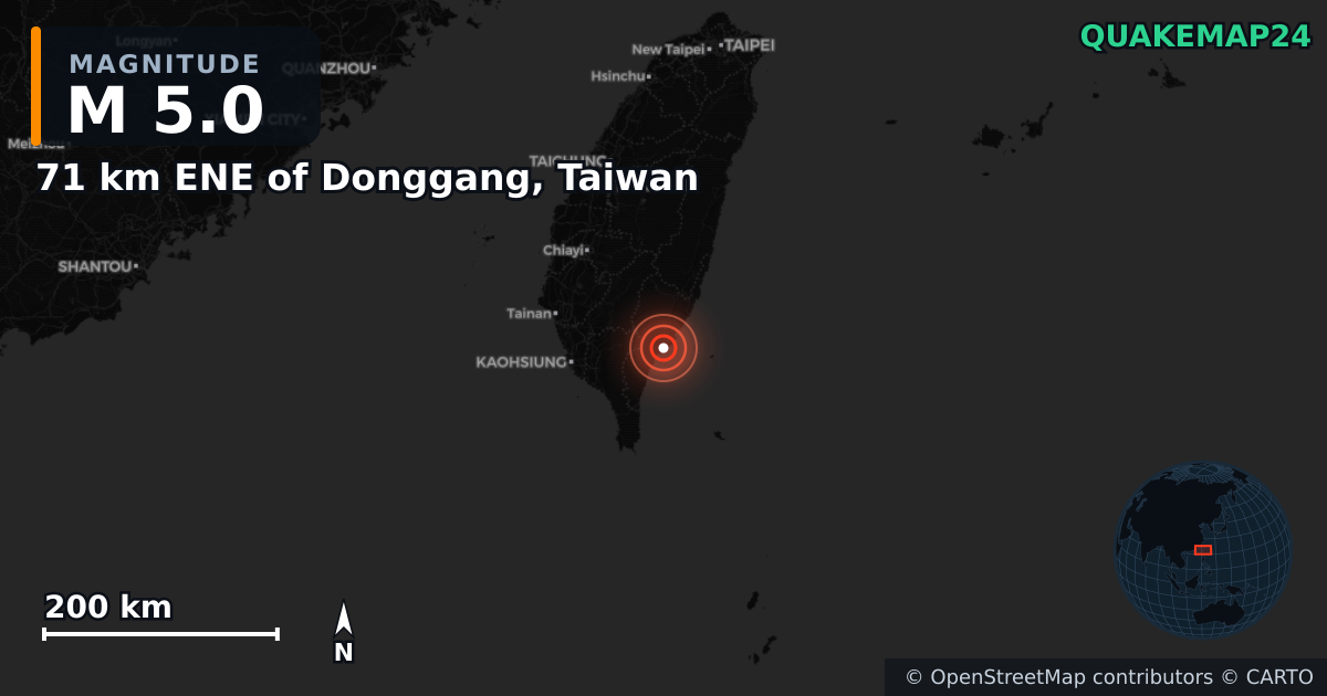 M5.0 earthquake near 71 km ENE of Donggang, Taiwan on Jan 27, 2025 — map of epicenter and shaking intensity | QuakeMap24