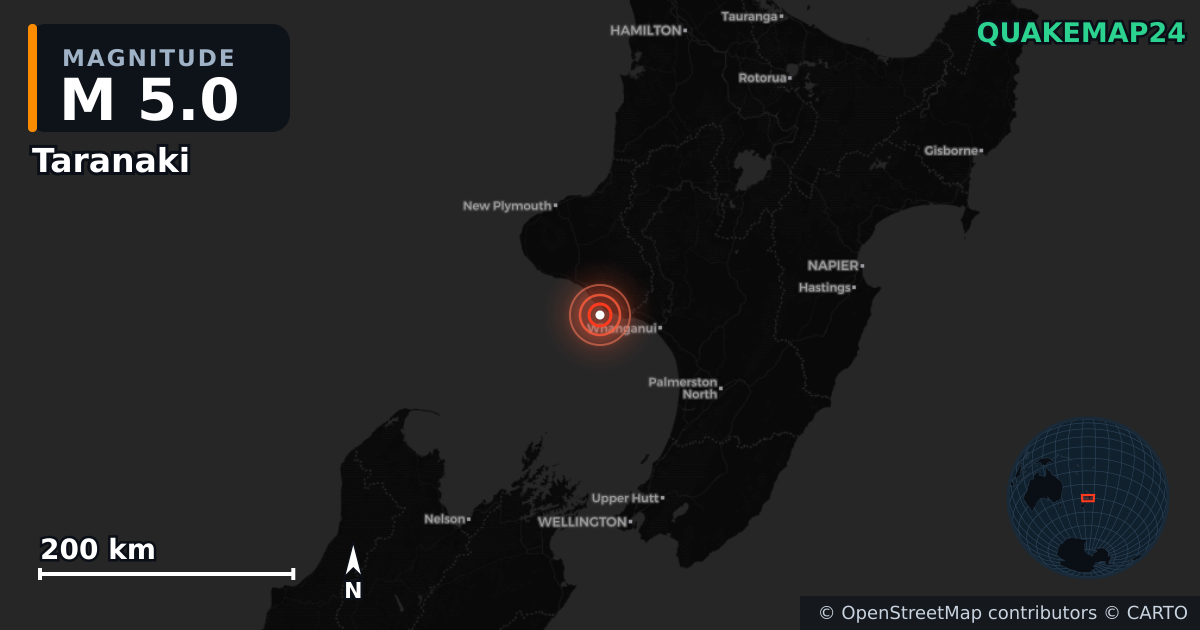 M5.0 earthquake near Taranaki on Jan 8, 2026 — map of epicenter and shaking intensity | QuakeMap24