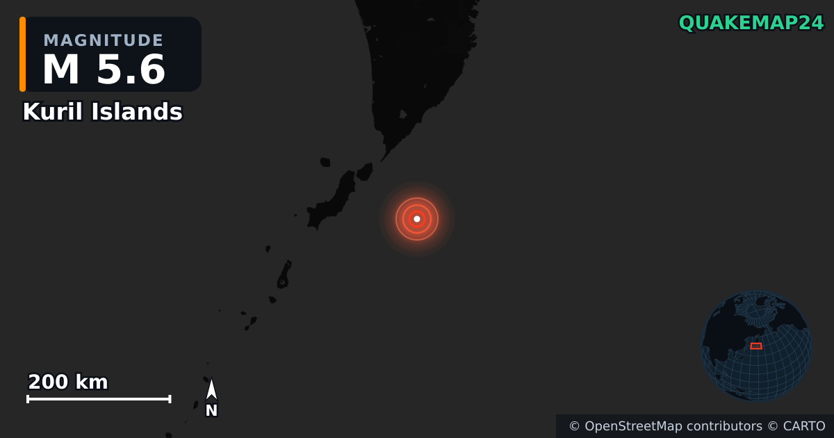 M5.6 earthquake near Kuril Islands on Jun 7, 2026 — map of epicenter and shaking intensity | QuakeMap24