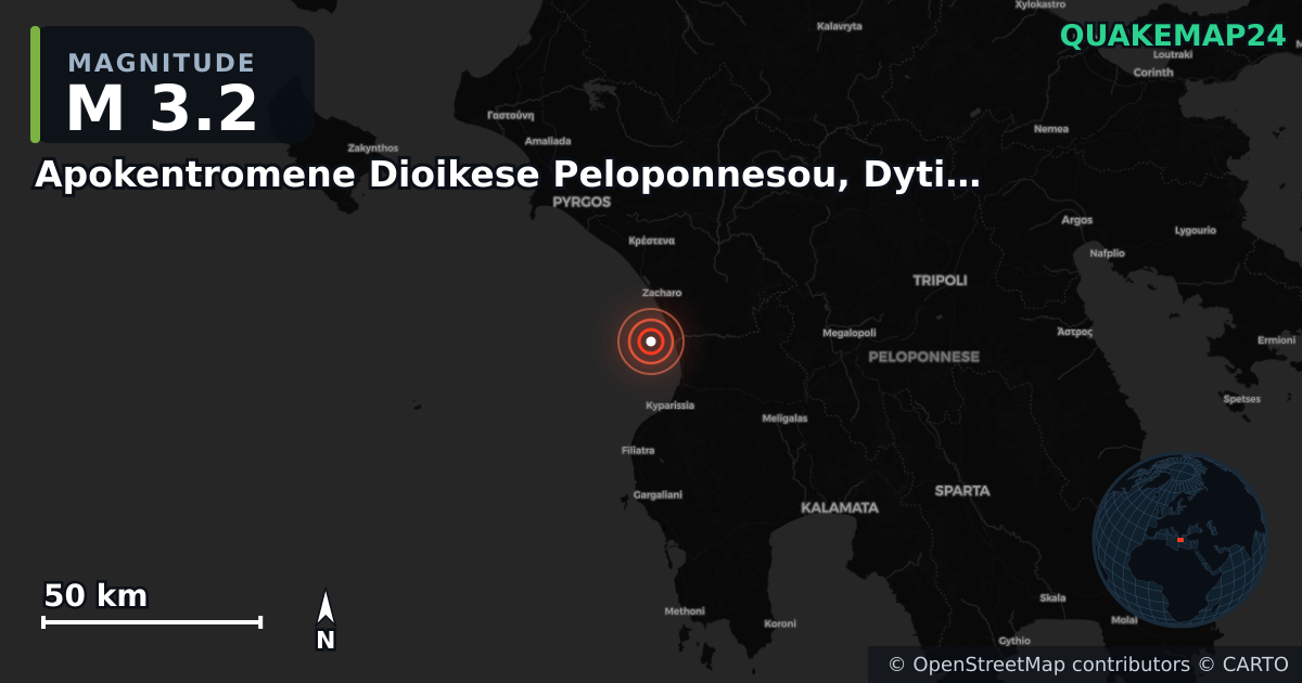 M3.2 earthquake near Apokentromene Dioikese Peloponnesou, Dytikes Elladas kai Ioniou on Oct 7, 2025 — map of epicenter and shaking intensity | QuakeMap24