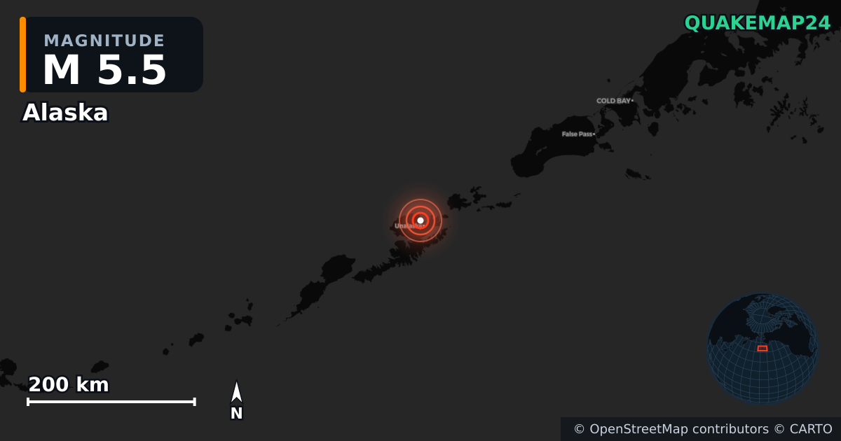 M5.5 earthquake near Alaska on Jul 27, 2025 — map of epicenter and shaking intensity | QuakeMap24