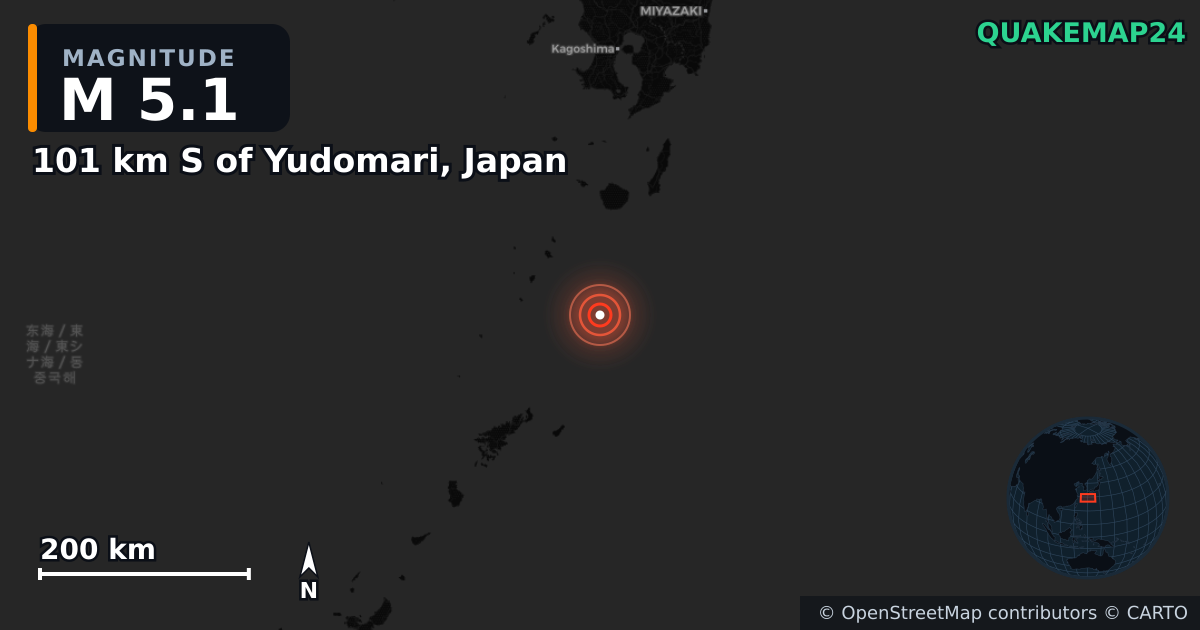 Erdbeben M5,1 bei 101 km S of Yudomari, Japan — Karte der Lage des Epizentrums