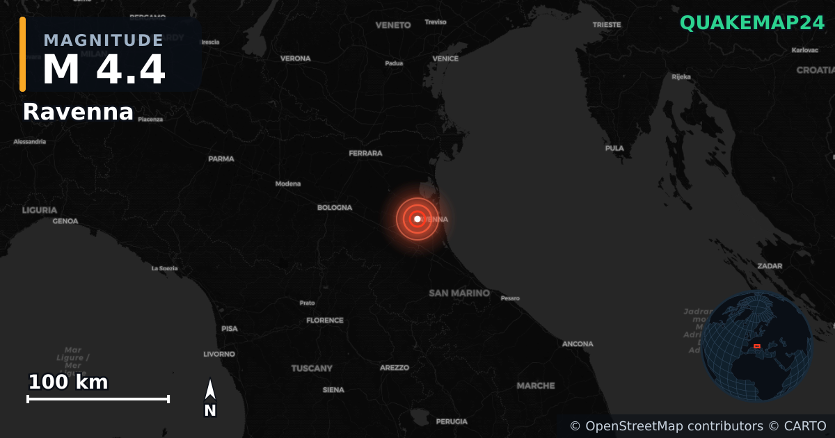 M4.4 earthquake near Ravenna on Jan 13, 2026 — map of epicenter and shaking intensity | QuakeMap24