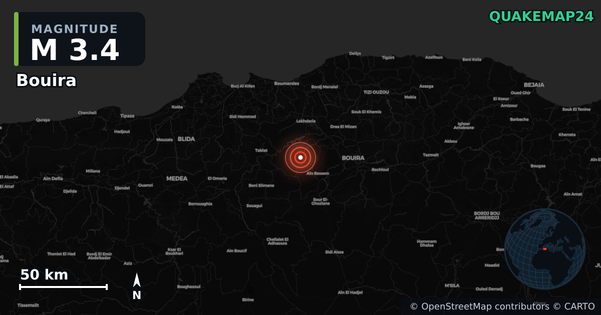 M3.4 earthquake near Bouira on Jul 26, 2025 — map of epicenter and shaking intensity | QuakeMap24